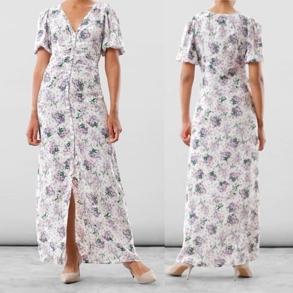 byTiMo Summer Button Front Ruched Puff Sleeve Maxi Dress Size XS Purple Floral